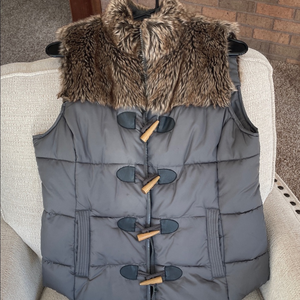 Ruff Hewn Olive Vest with Faux Fur Trim